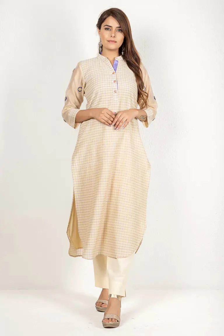 Beige & Purple Chanderi Woven Checked Kurta