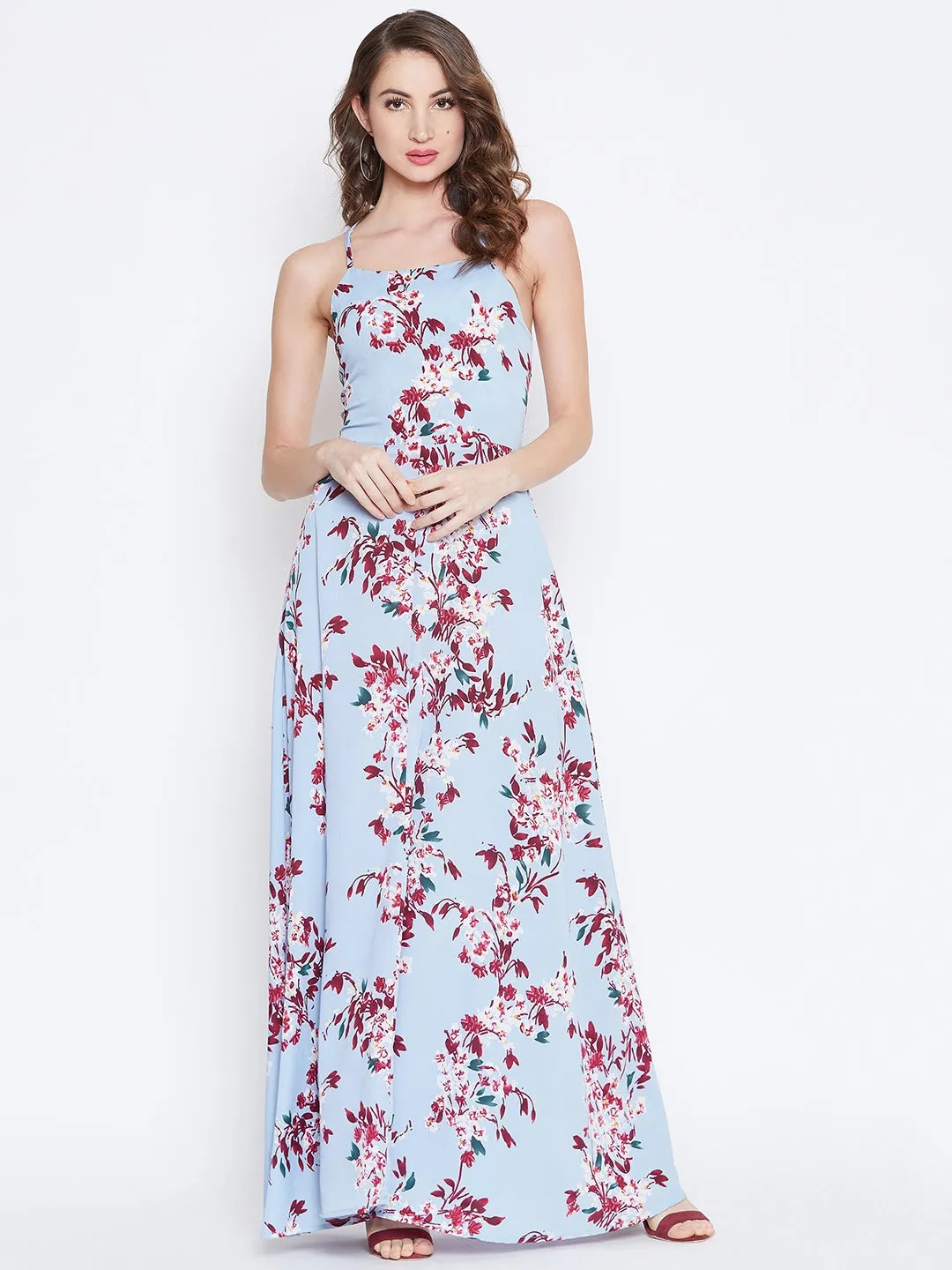 Berrylush Women Blue & Maroon Floral Print Caged Back Tie-up Maxi Dress