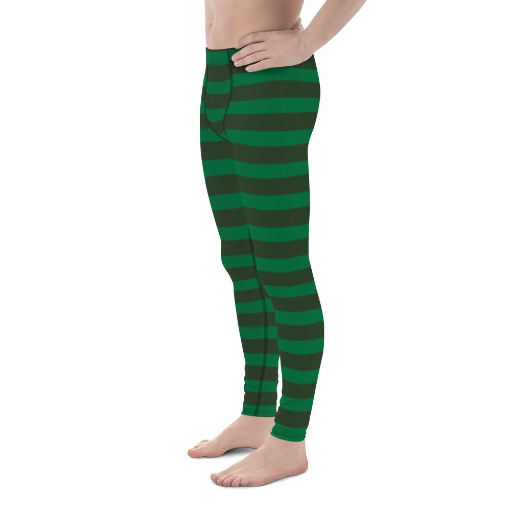 Best Festive Men's Leggings, Green Striped Christmas Meggings Festive Men's Tights-Made in USA/EU/MX