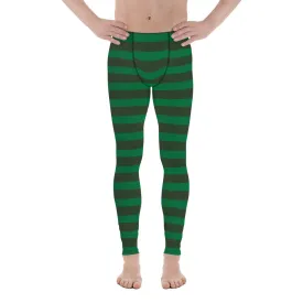 Best Festive Men's Leggings, Green Striped Christmas Meggings Festive Men's Tights-Made in USA/EU/MX