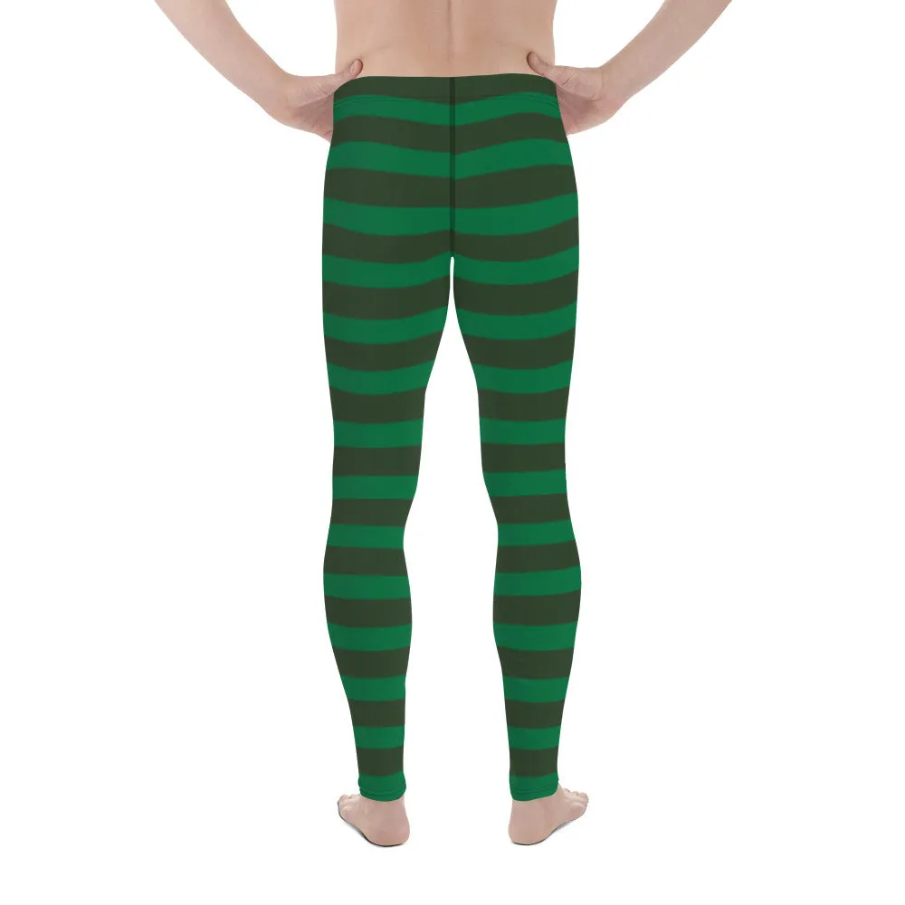 Best Festive Men's Leggings, Green Striped Christmas Meggings Festive Men's Tights-Made in USA/EU/MX