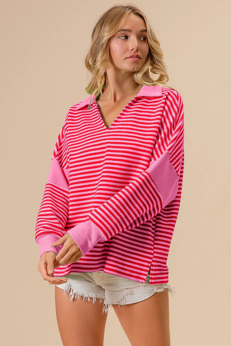 BiBi Striped Contrast Long Sleeve Knit Top