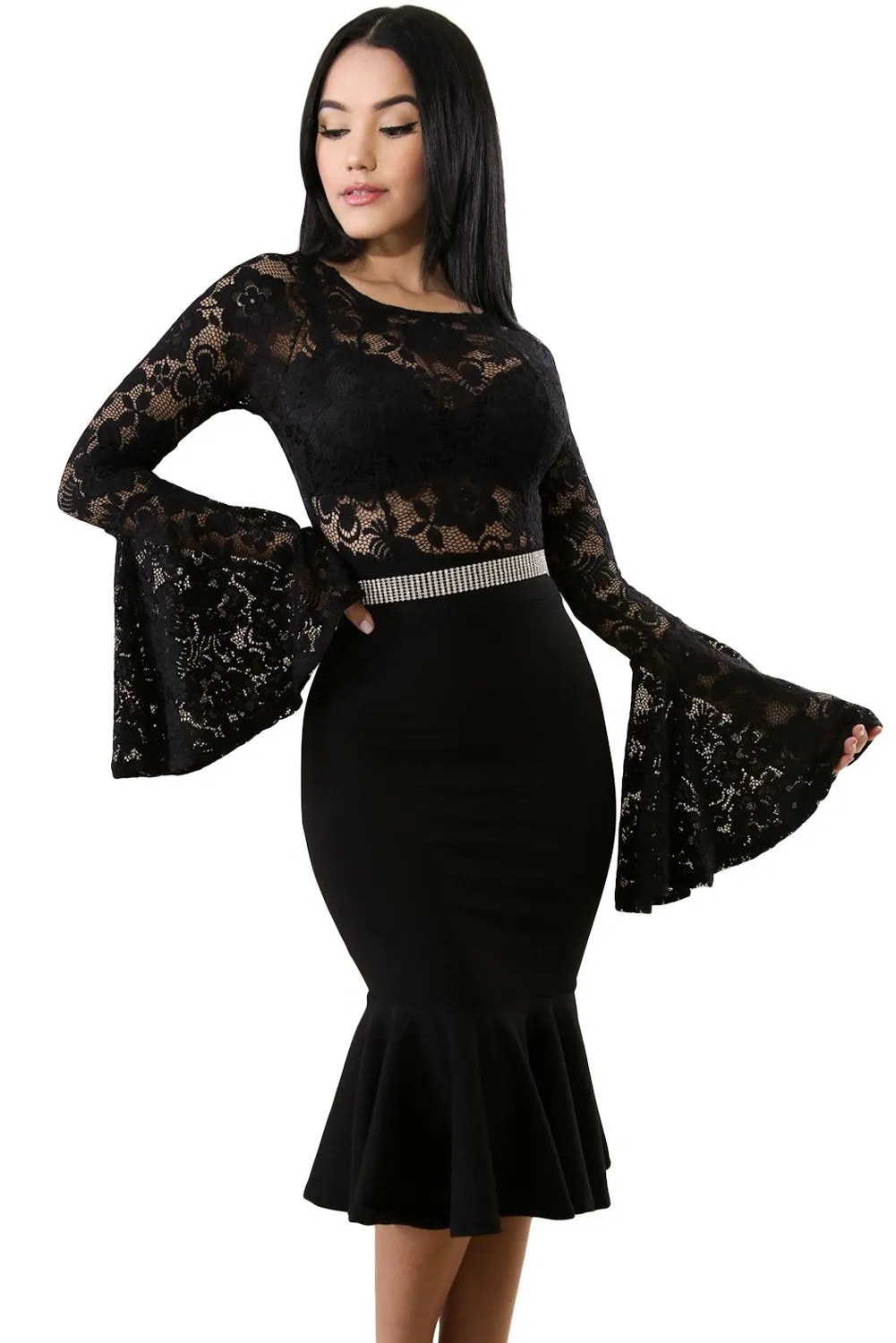 Black Bell Sleeves Mermaid Bodycon Dress