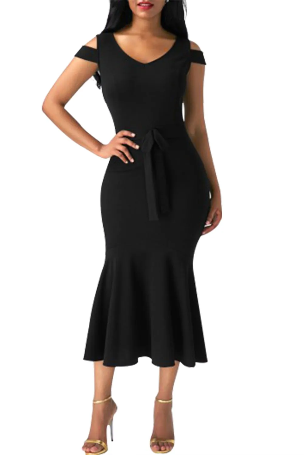 Black Bow Cold Shoulders Mermaid Dress