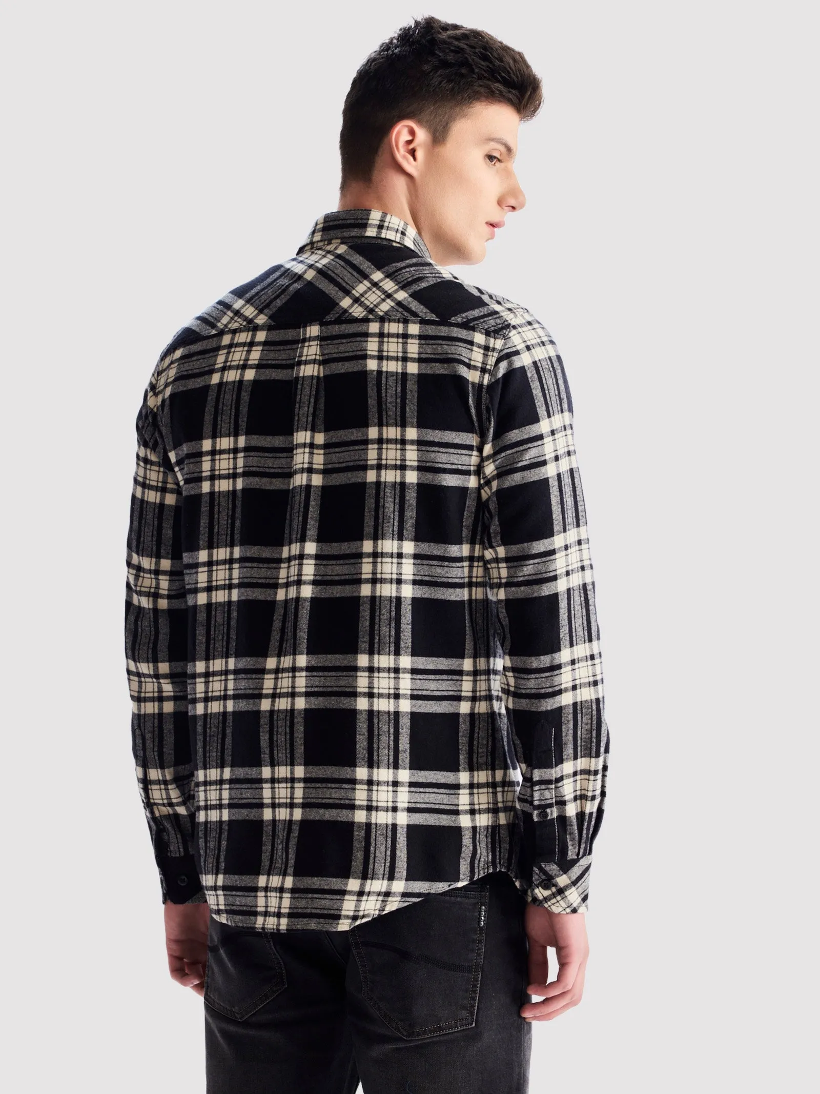 Black Brushed Cotton Checked Shirt