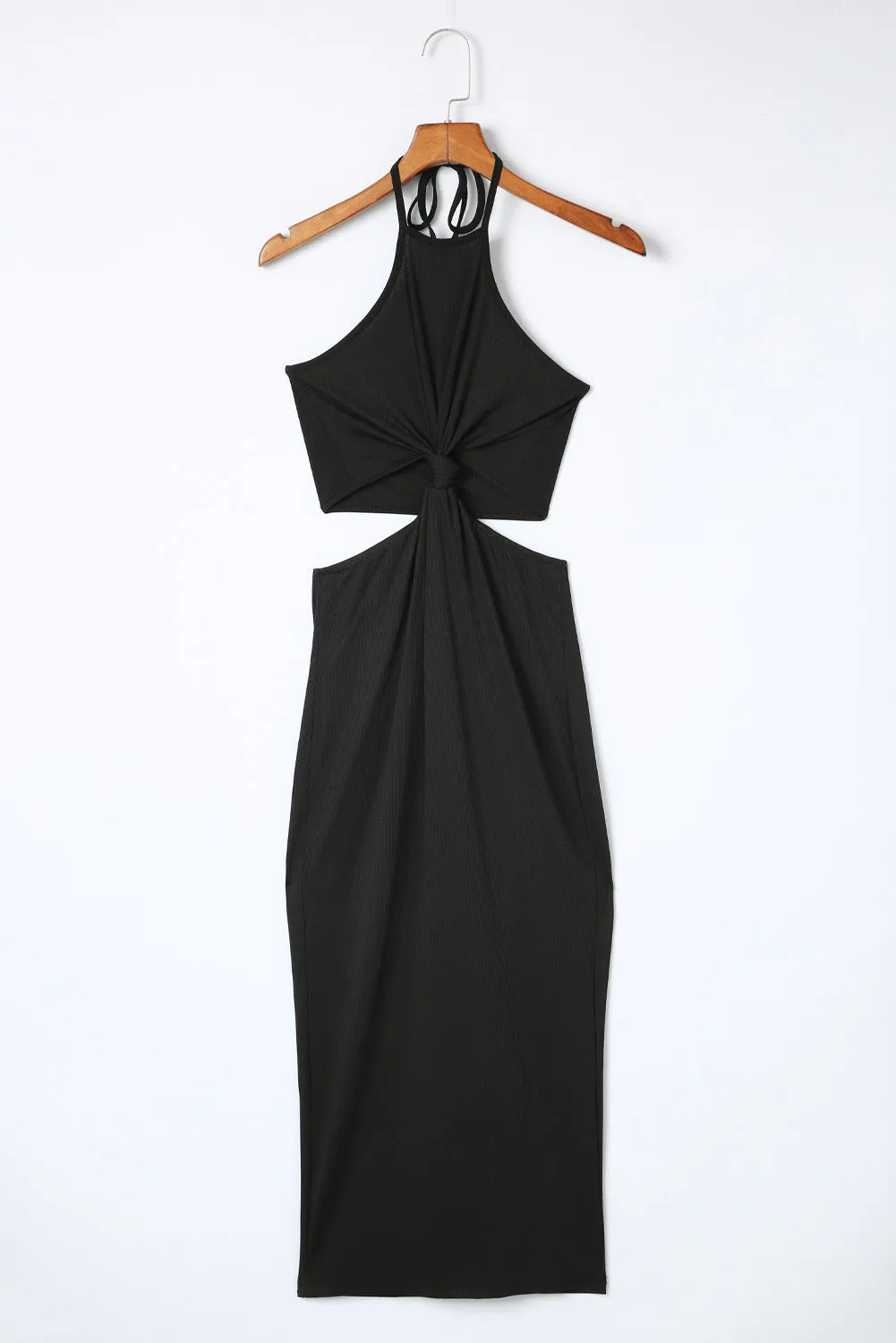 Black Cutout Twist Halter Pencil Midi Dress