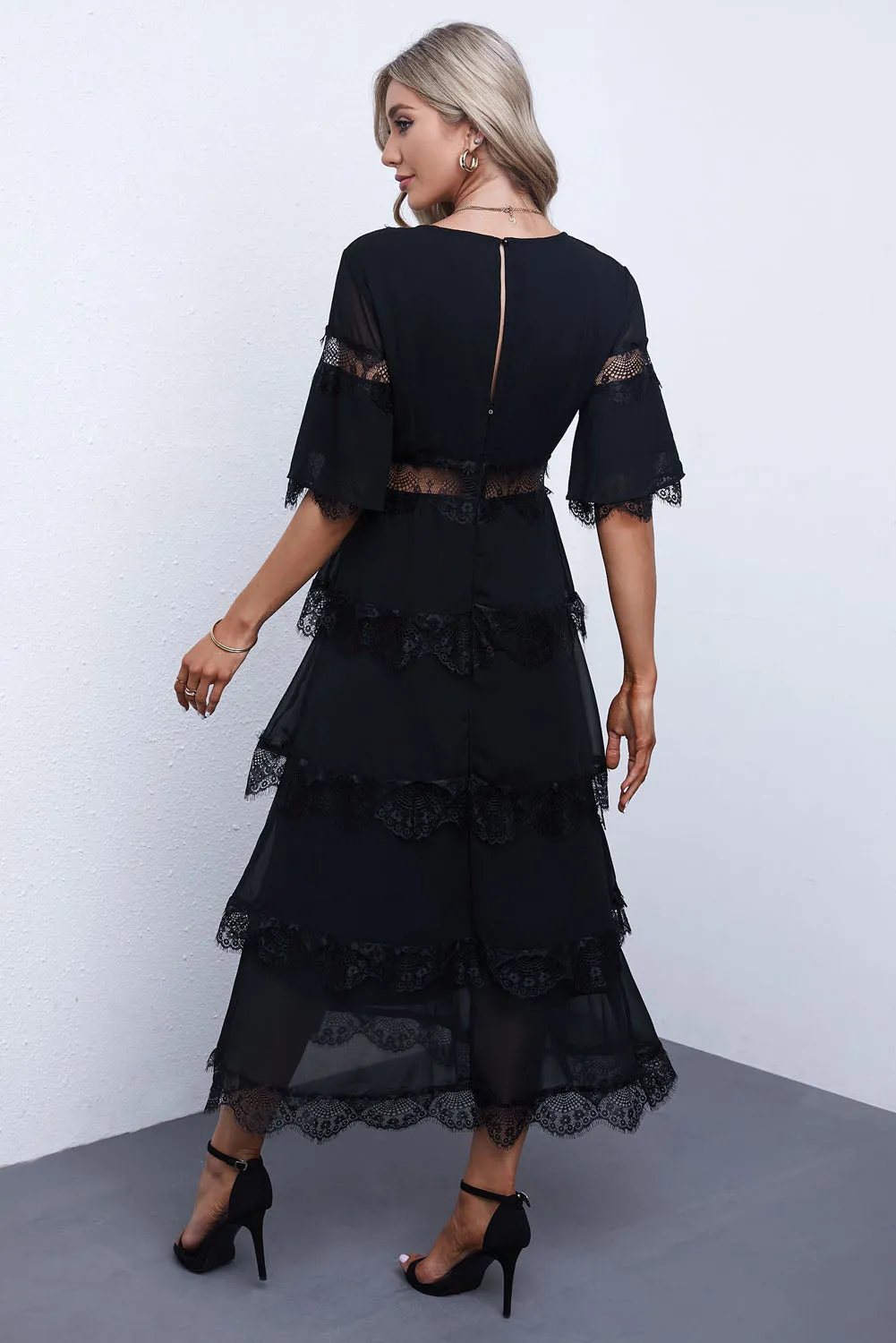 Black Deep V Neck Lace Patch Midi Dress