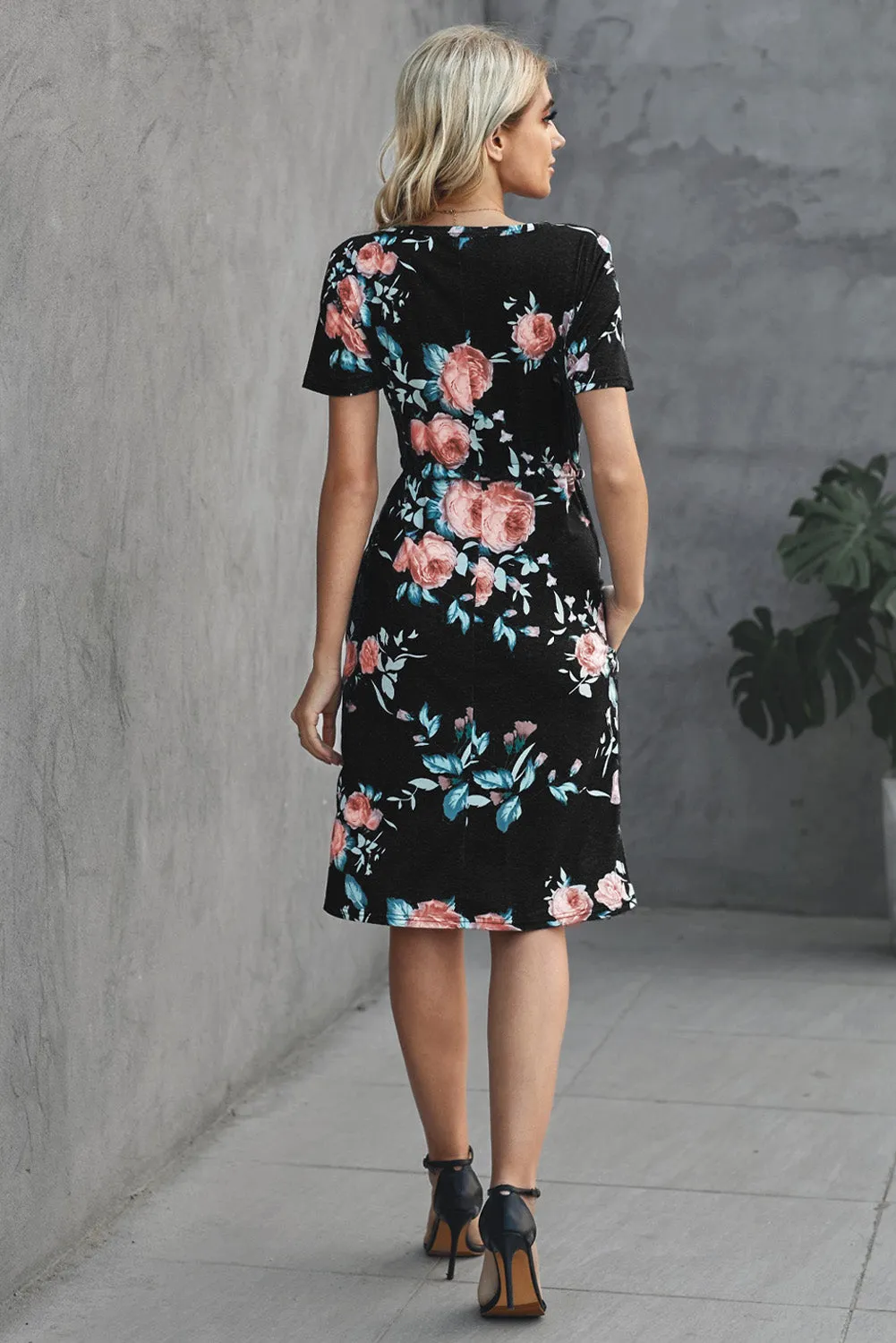 Black Floral Print Drawstring Midi Dress