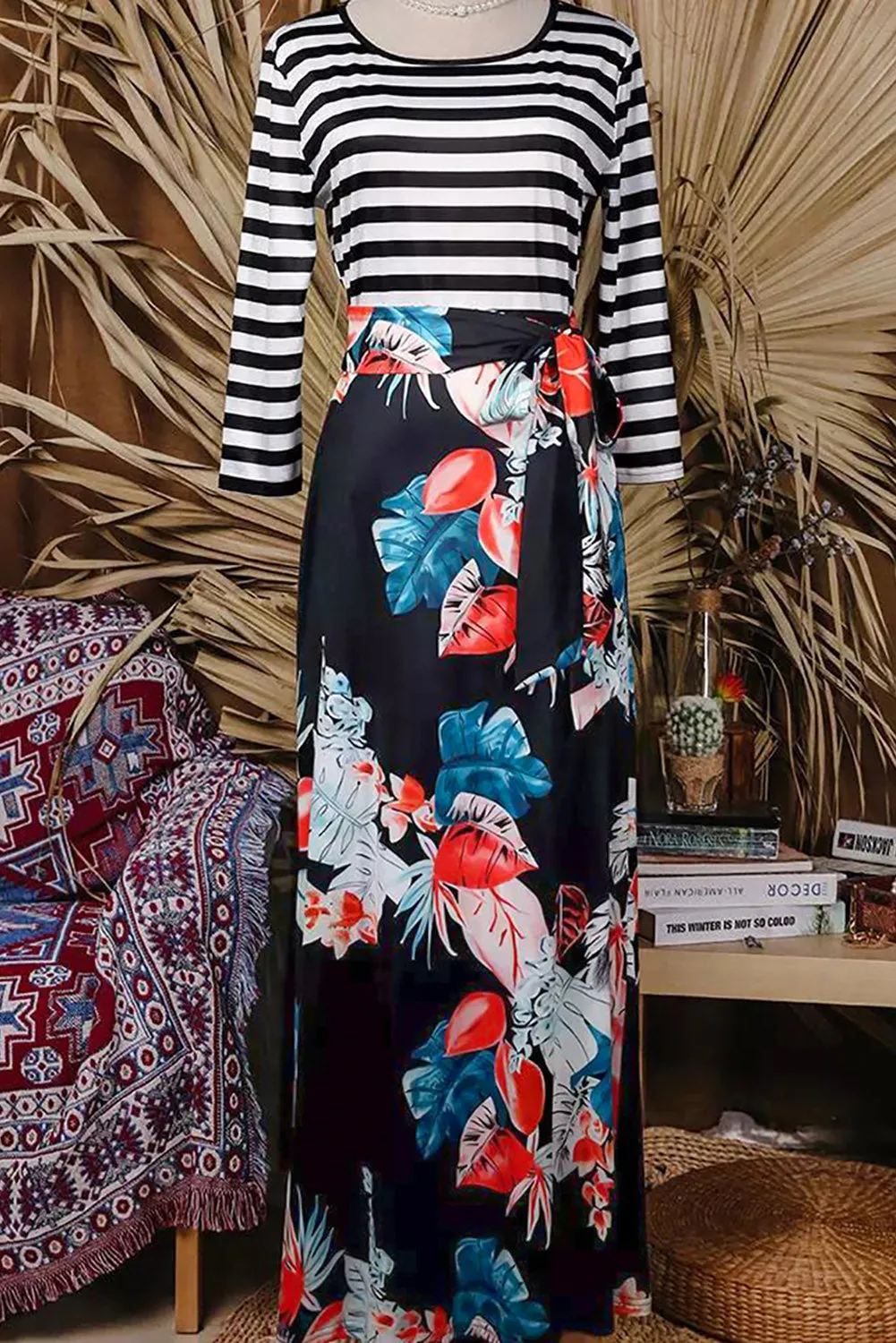 Black Floral Print Striped Maxi Dress