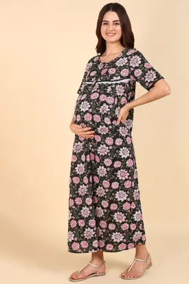 Black Floral Printed 100% Soft Cotton Zipless Maternity Maxi