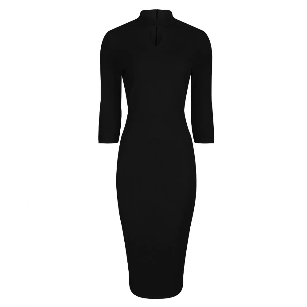 Black High Neck 3/4 Sleeve Choker Bodycon Pencil Dress