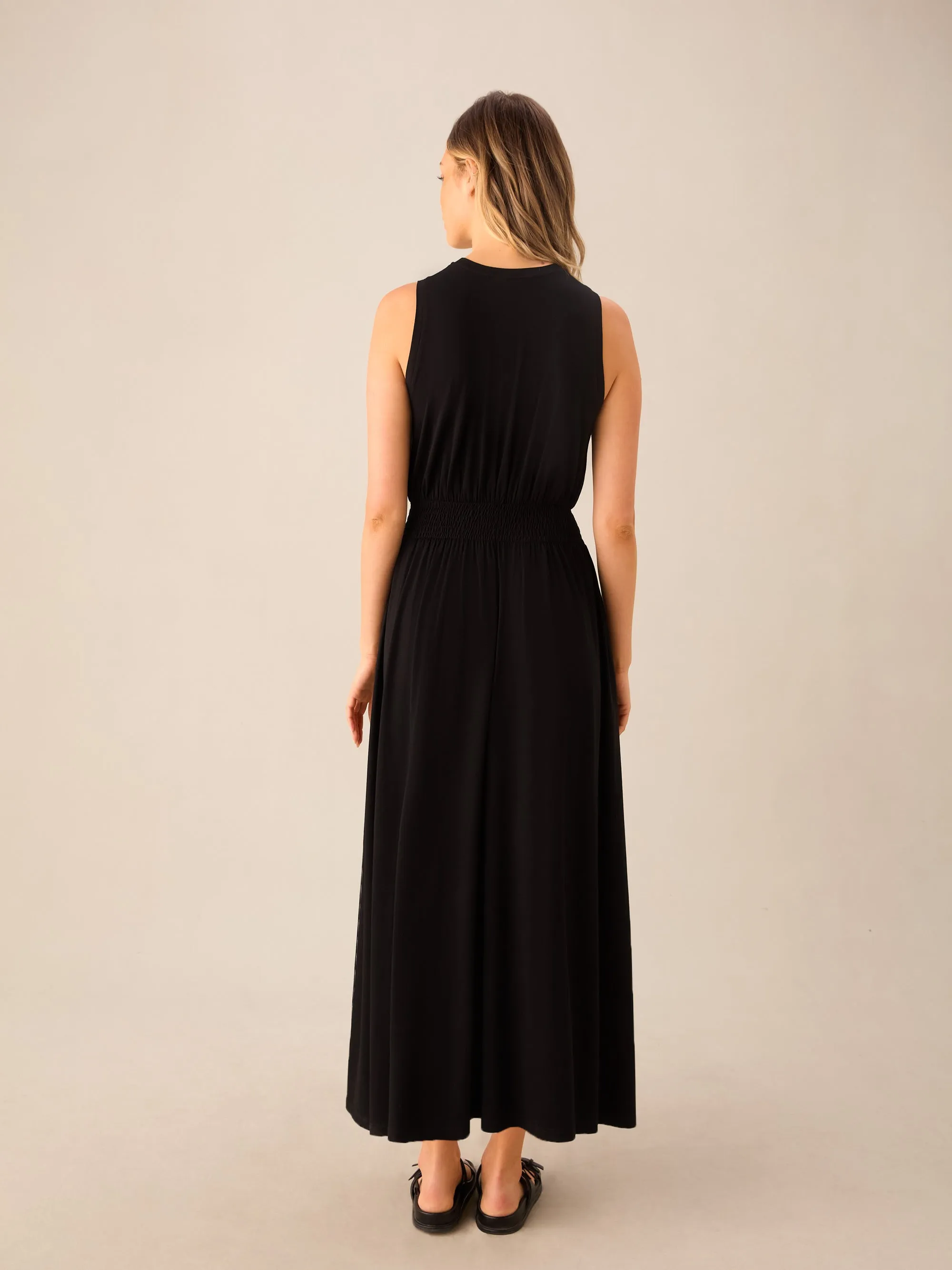 Black Jersey Shirred Waistband Dress