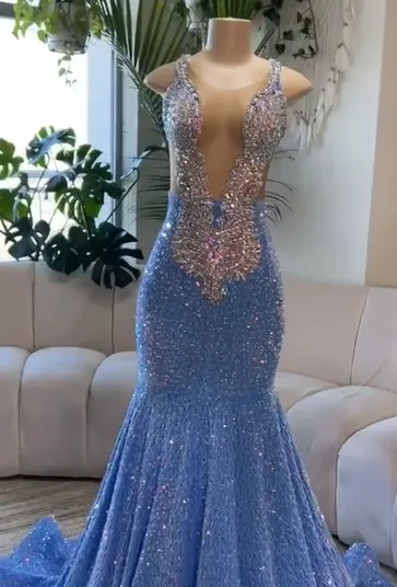 Blue Sequin Mermaid Beading Long Prom Dress, DP2098