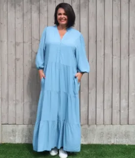 Blue Tiered Maxi Shirt Dress