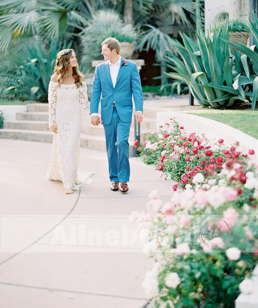 Bohemian Wedding Off Shoulder See Through Ivory Lace Long Sleeves Wedding Dresses, AB1157