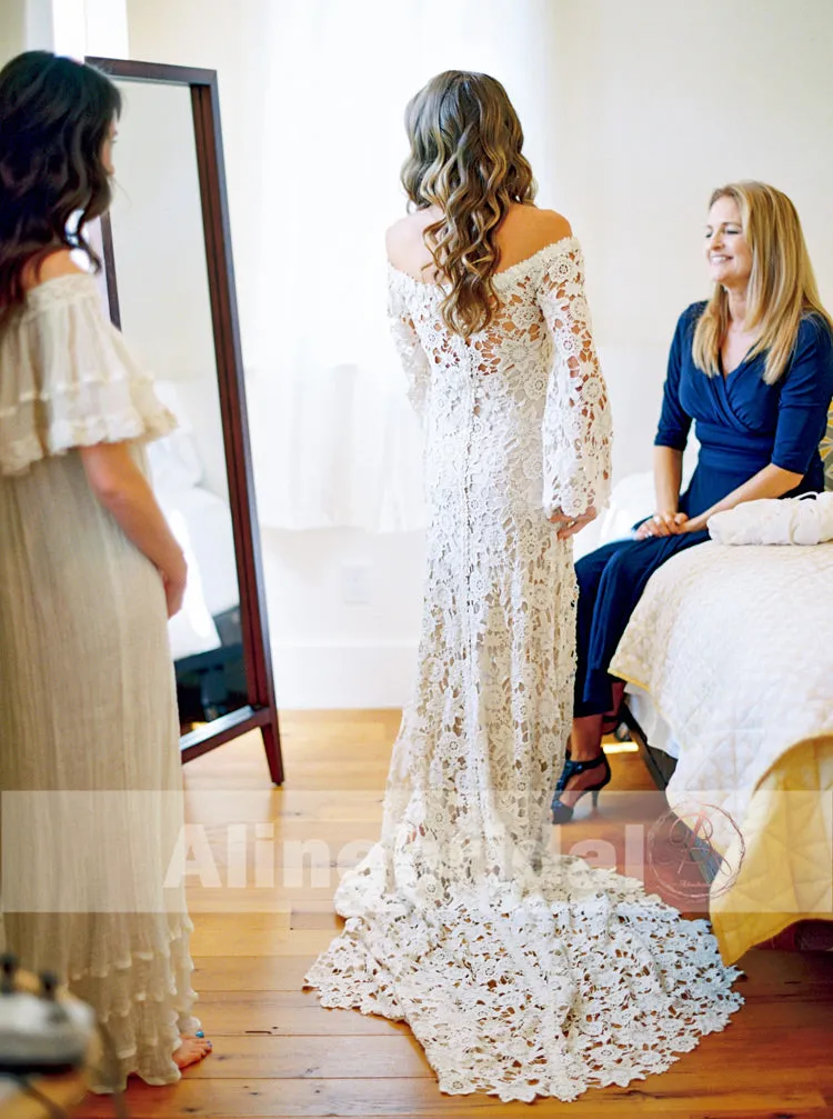 Bohemian Wedding Off Shoulder See Through Ivory Lace Long Sleeves Wedding Dresses, AB1157