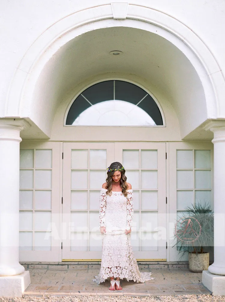 Bohemian Wedding Off Shoulder See Through Ivory Lace Long Sleeves Wedding Dresses, AB1157