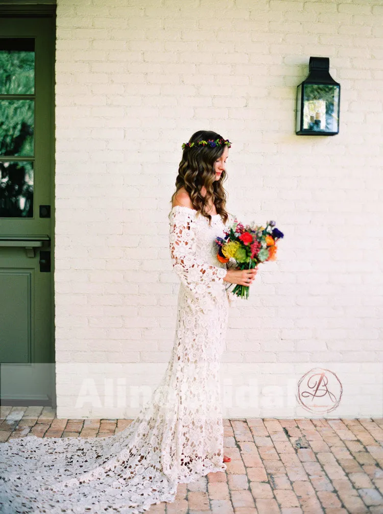 Bohemian Wedding Off Shoulder See Through Ivory Lace Long Sleeves Wedding Dresses, AB1157