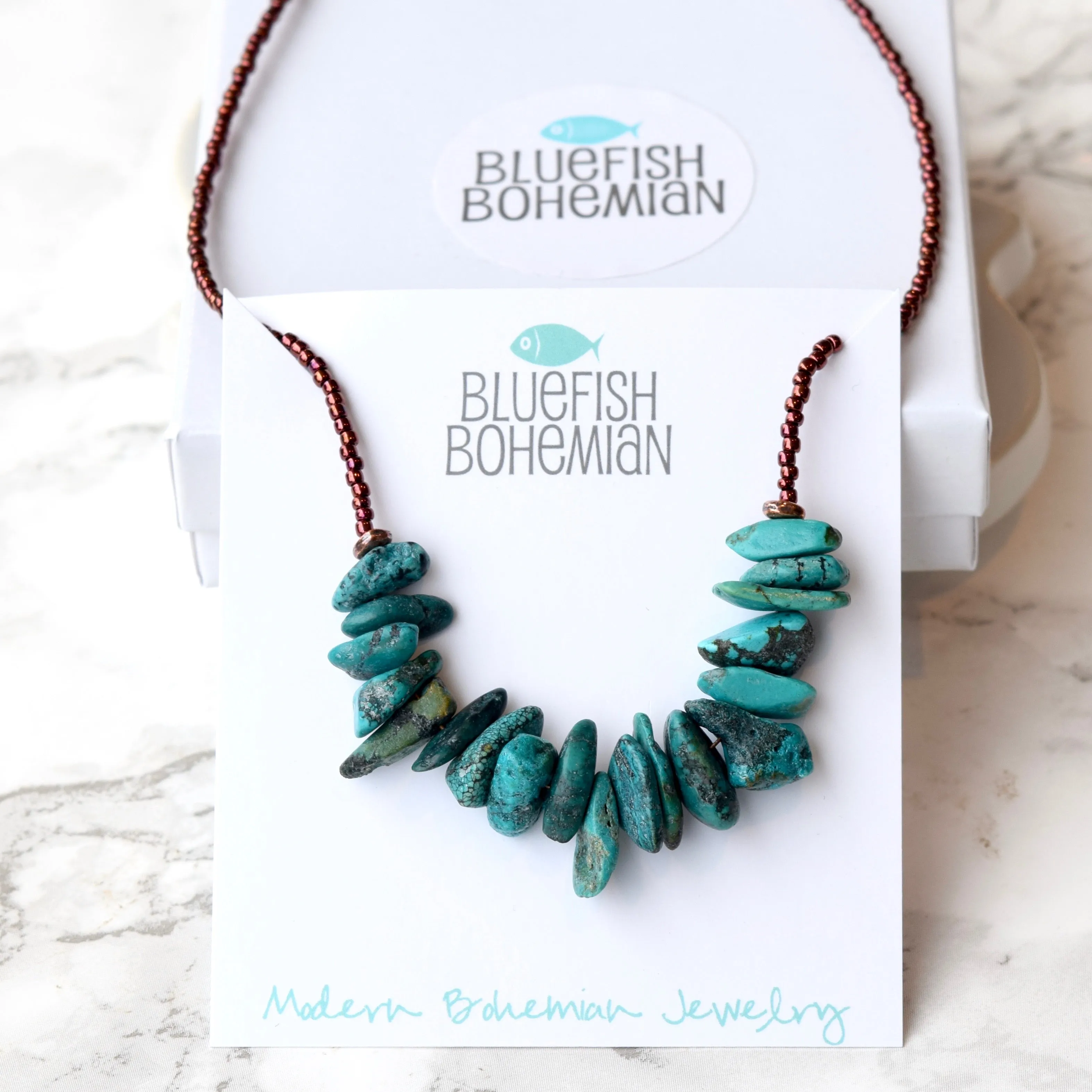 Boho Turquoise Copper Necklace With Seed Beads