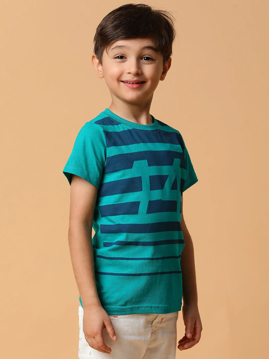 Boys Green & Blue Striped Cotton T-shirt