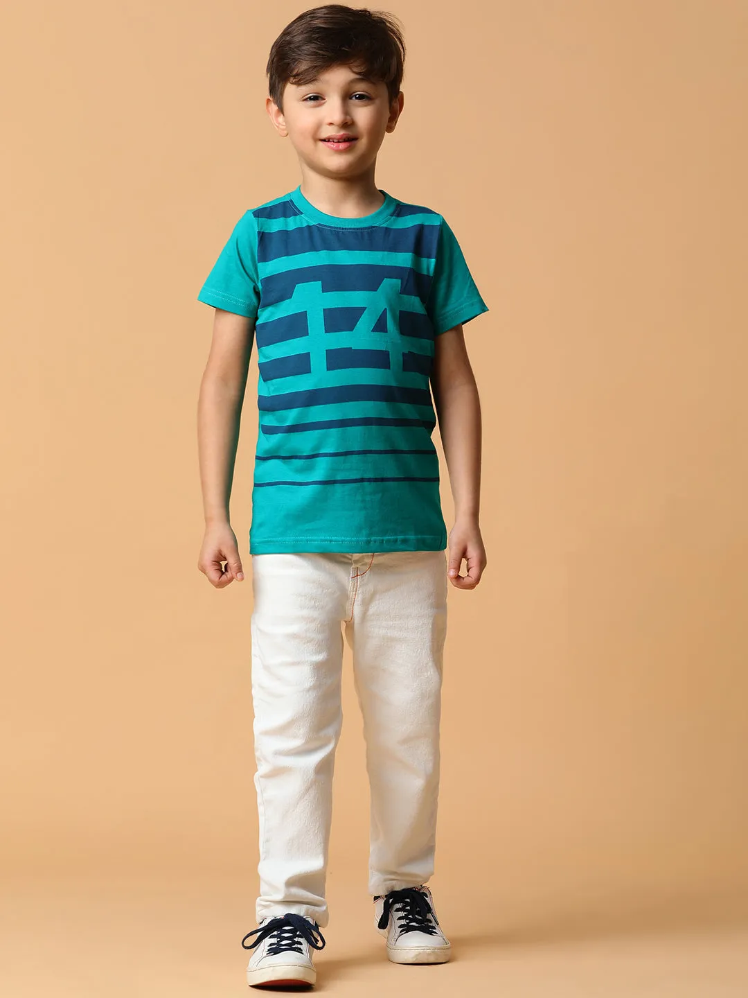 Boys Green & Blue Striped Cotton T-shirt