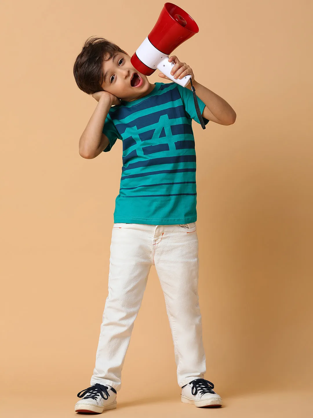 Boys Green & Blue Striped Cotton T-shirt