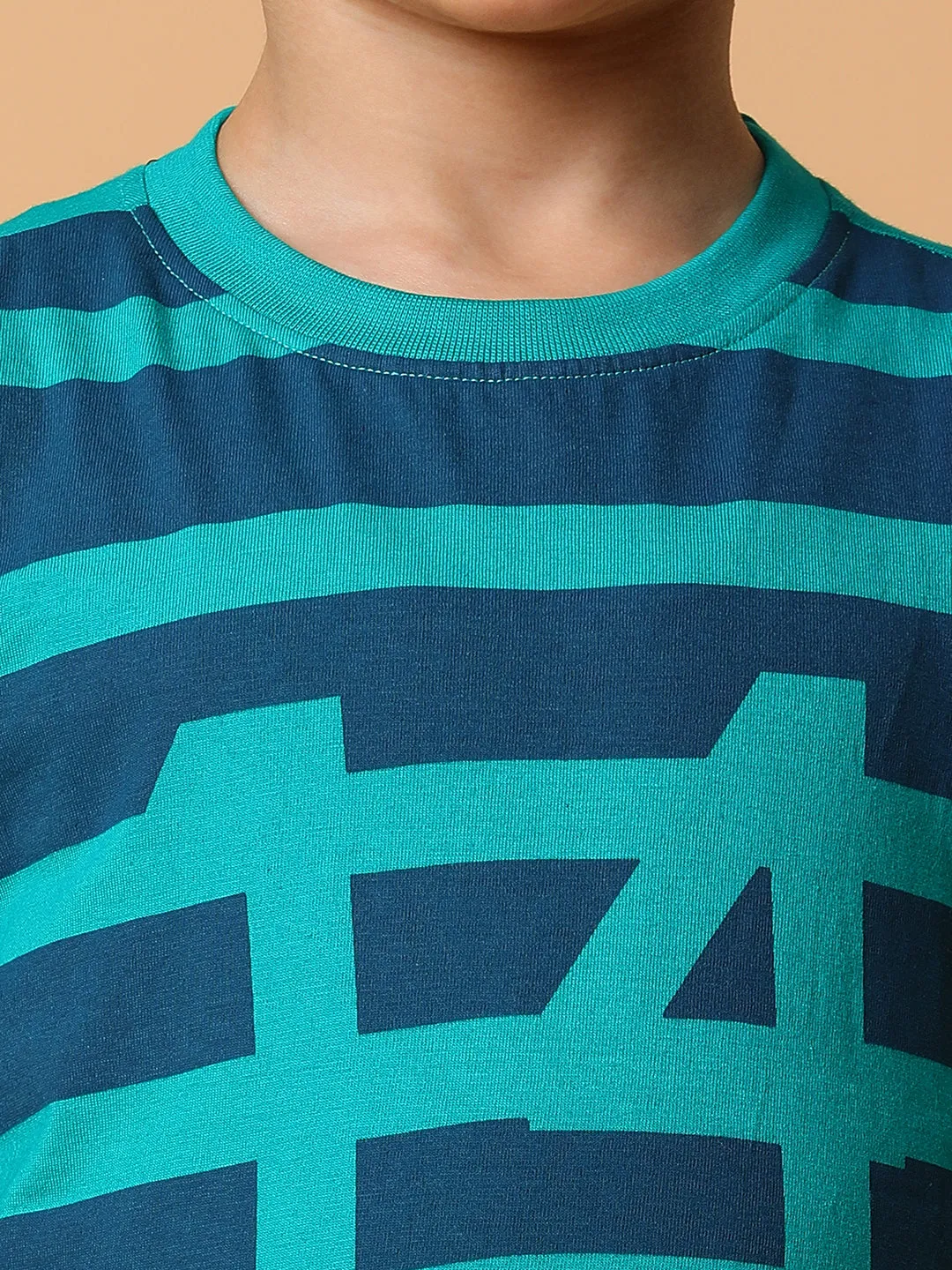 Boys Green & Blue Striped Cotton T-shirt