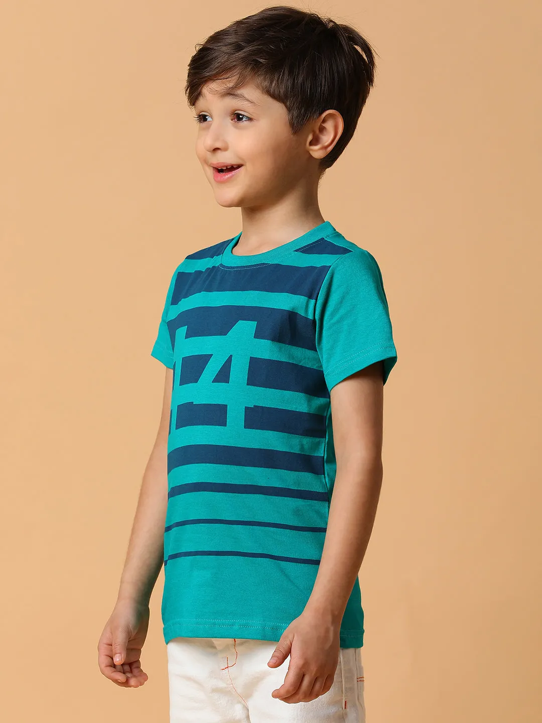 Boys Green & Blue Striped Cotton T-shirt