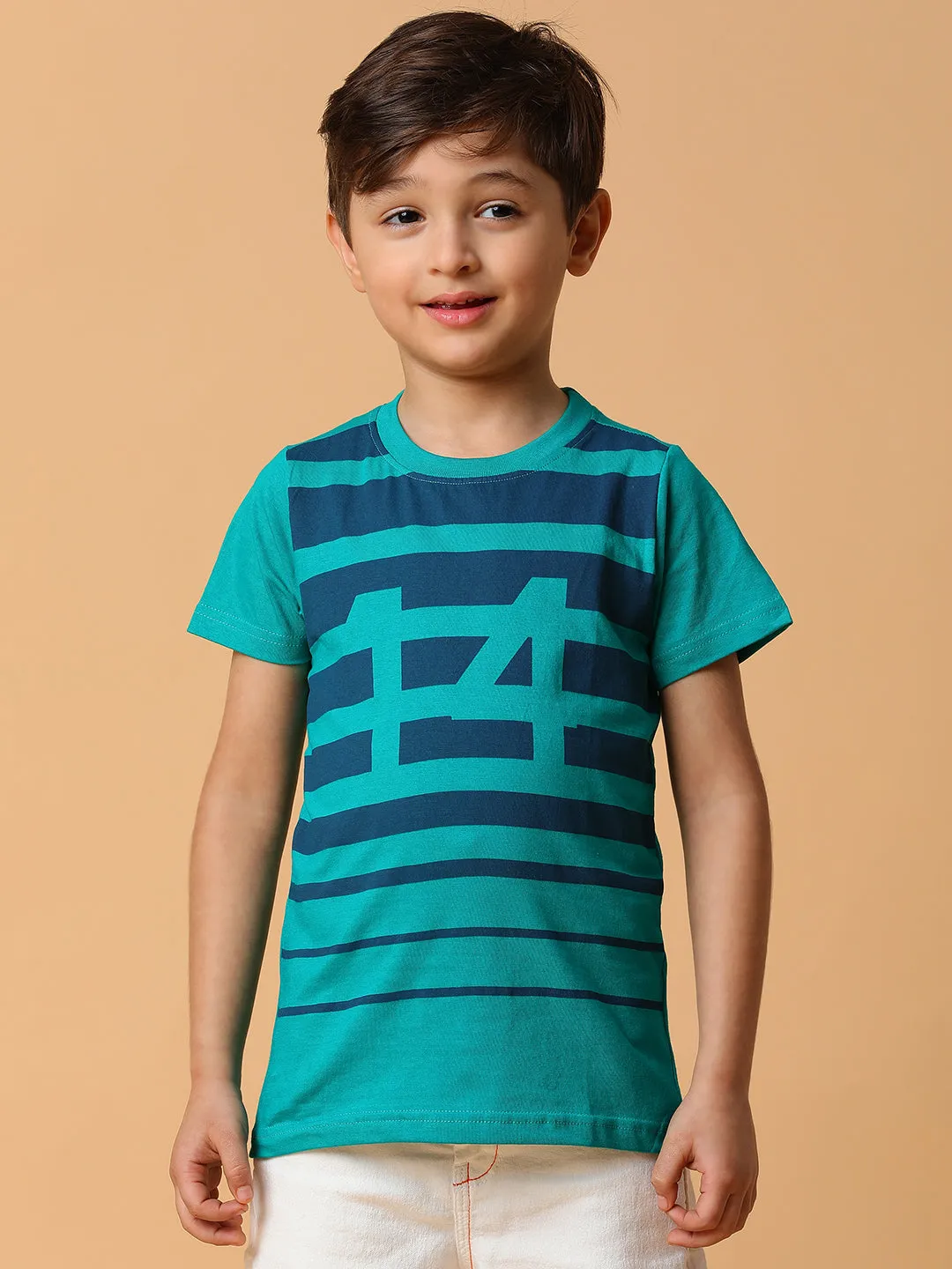 Boys Green & Blue Striped Cotton T-shirt