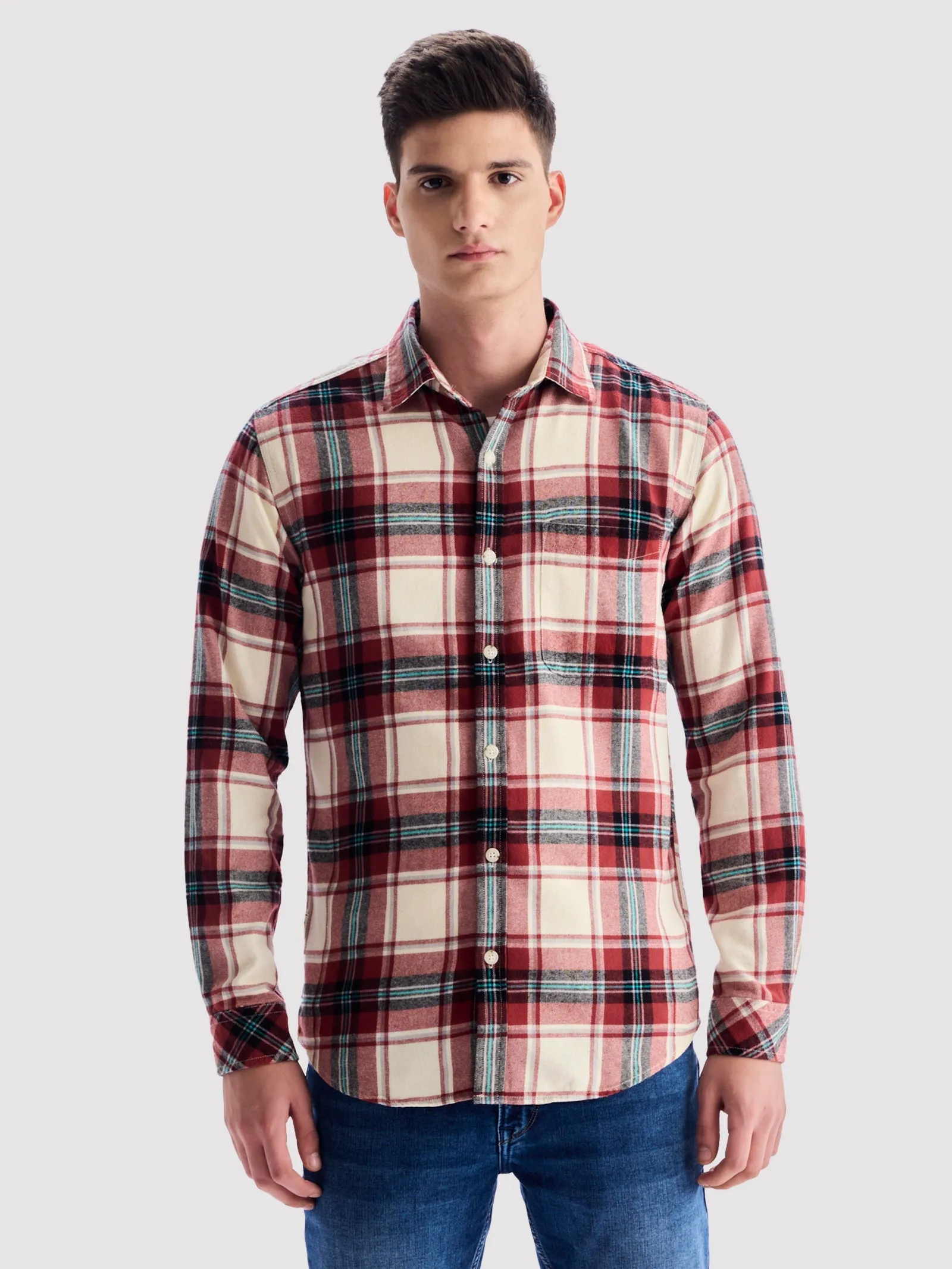 Brown Brushed Cotton Checked Shirt