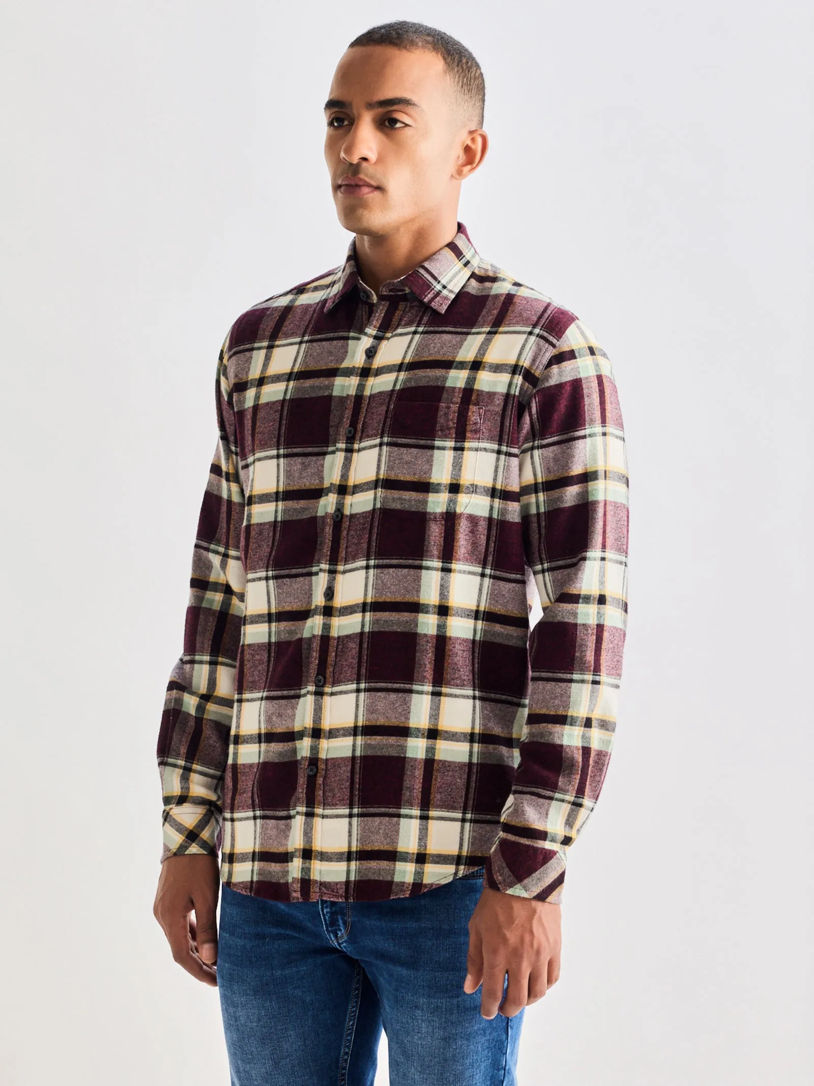 Brown Brushed Cotton Checked Shirt