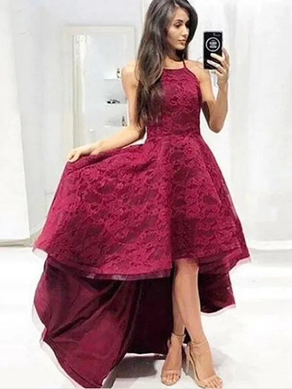 Burgundy Lace High Low Spaghetti Straps A-line Prom Dresses ,PD0130