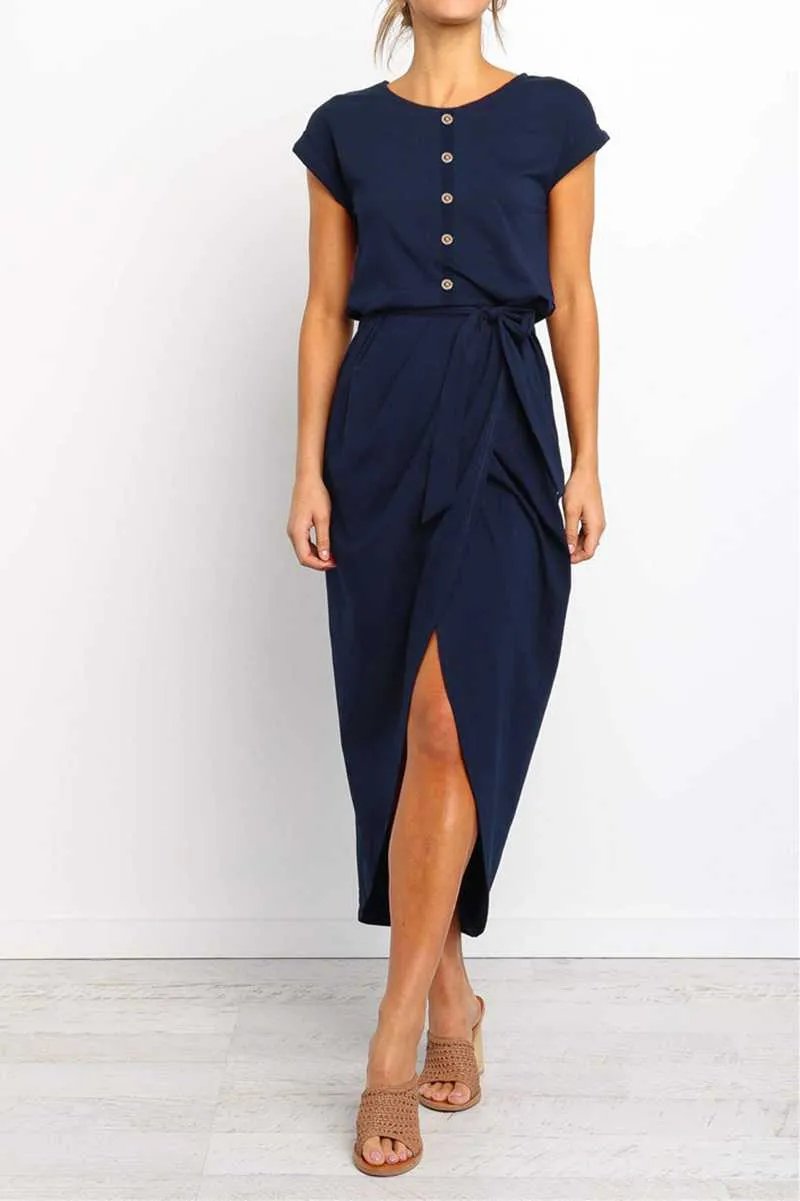 Buttons Short Sleeve Tie Waist Midi Dress With Slit