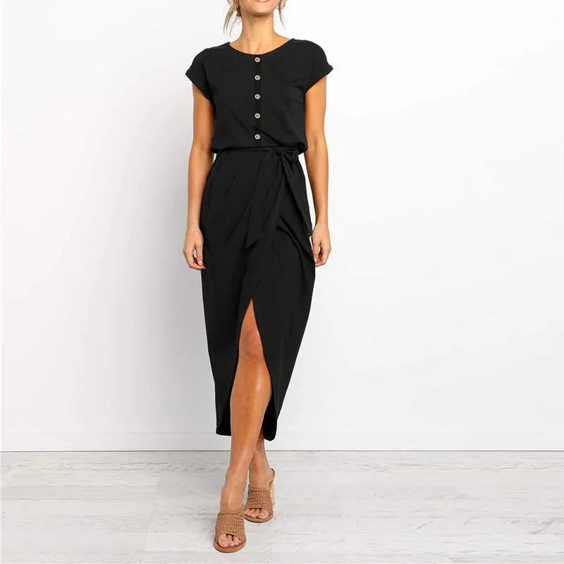 Buttons Short Sleeve Tie Waist Midi Dress With Slit