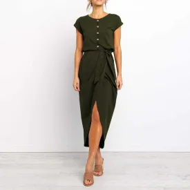 Buttons Short Sleeve Tie Waist Midi Dress With Slit