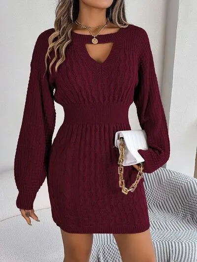 Cable-Knit Cutout Round Neck Slit Long Sleeve Sweater Dress