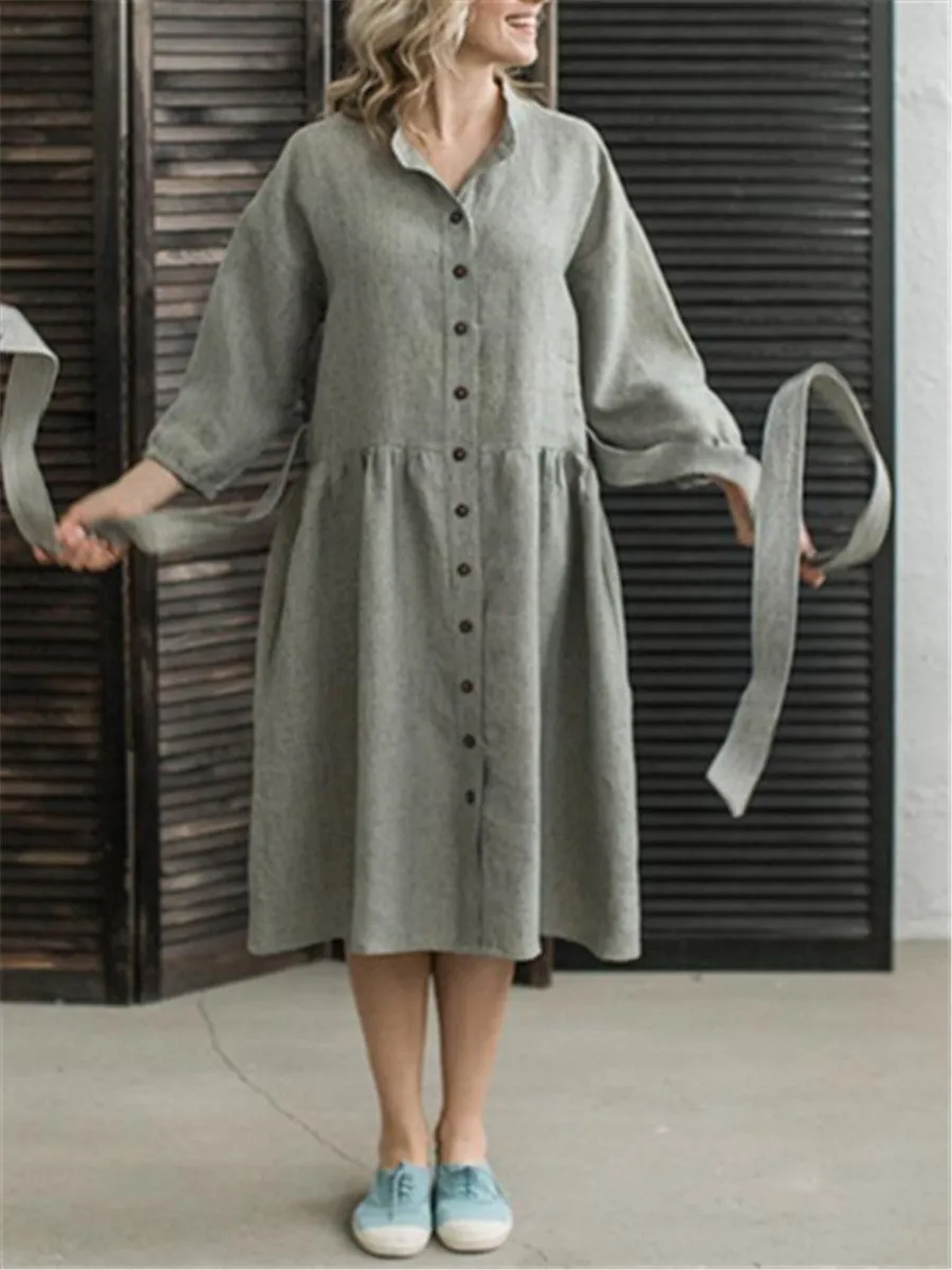 Casual Cotton Linen Single Breasted Midi Dresses