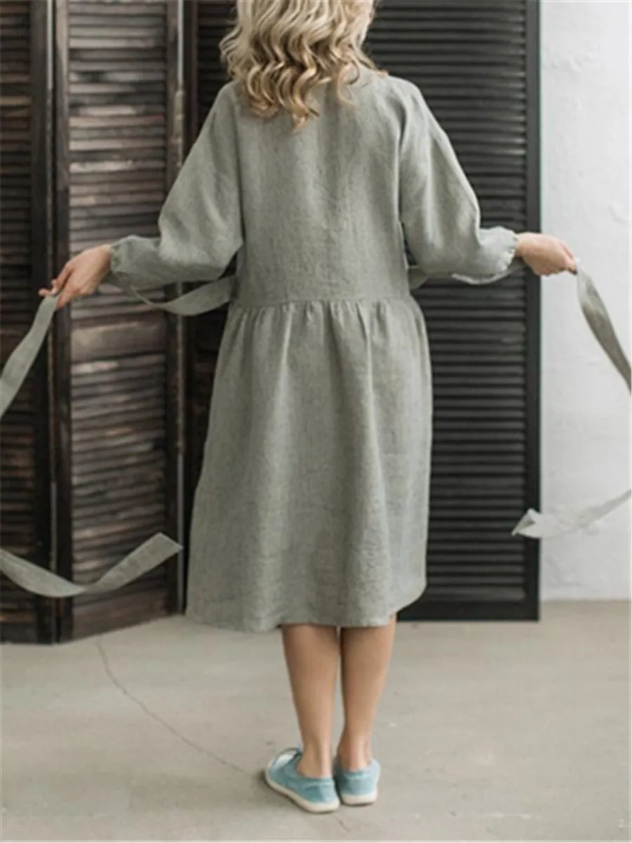 Casual Cotton Linen Single Breasted Midi Dresses