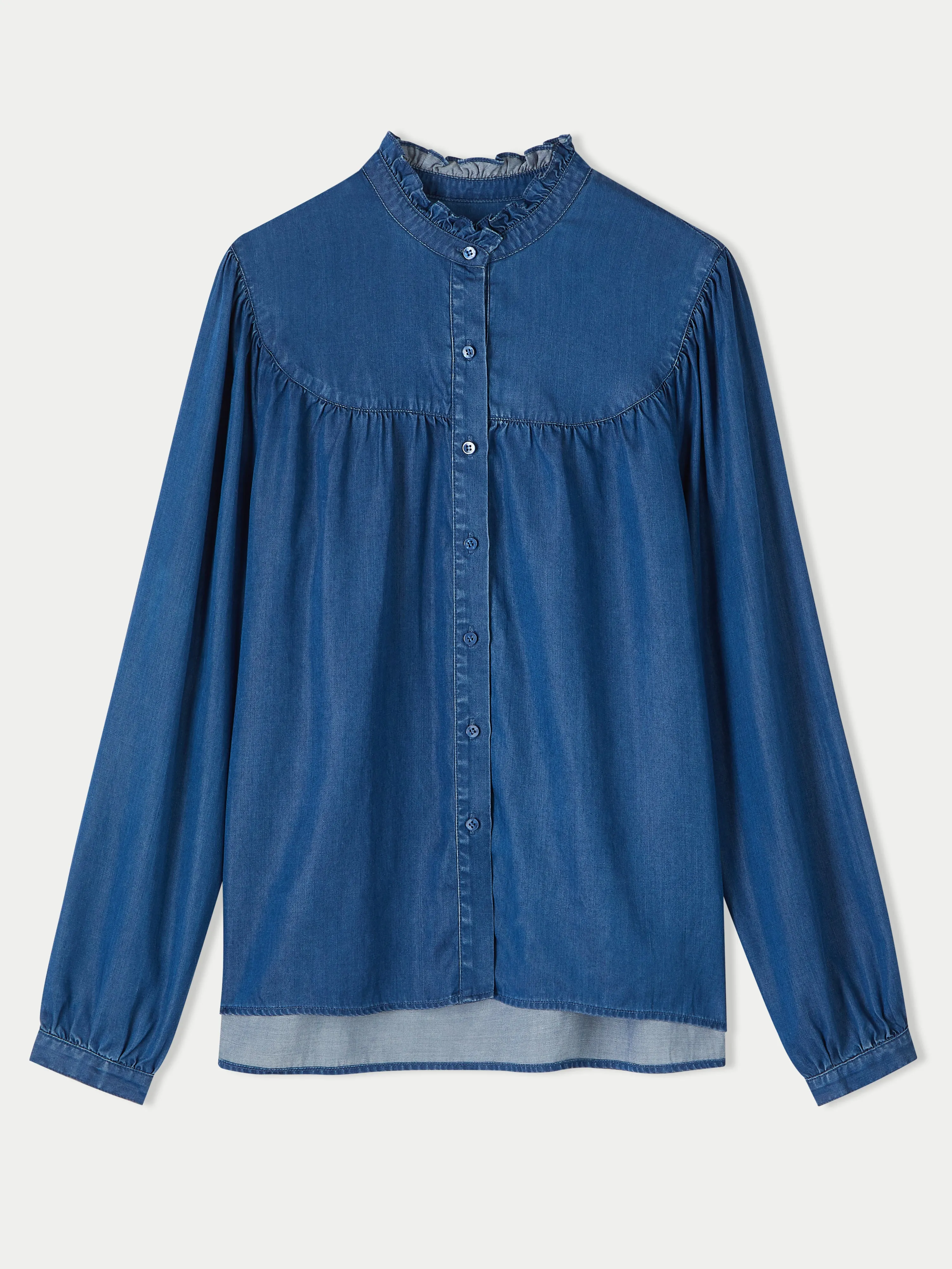 Chambray Ruffle Neck Top | Blue