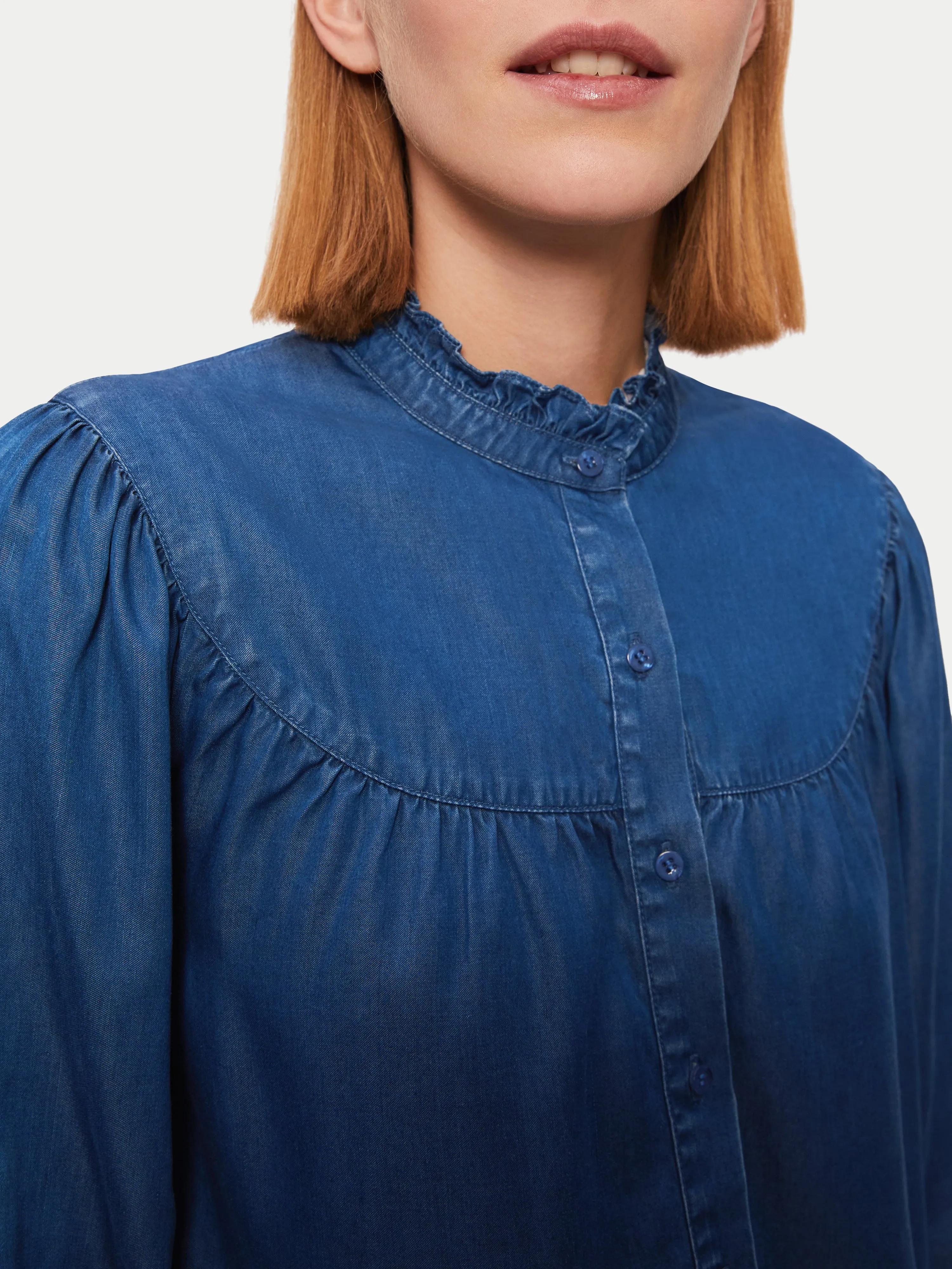 Chambray Ruffle Neck Top | Blue