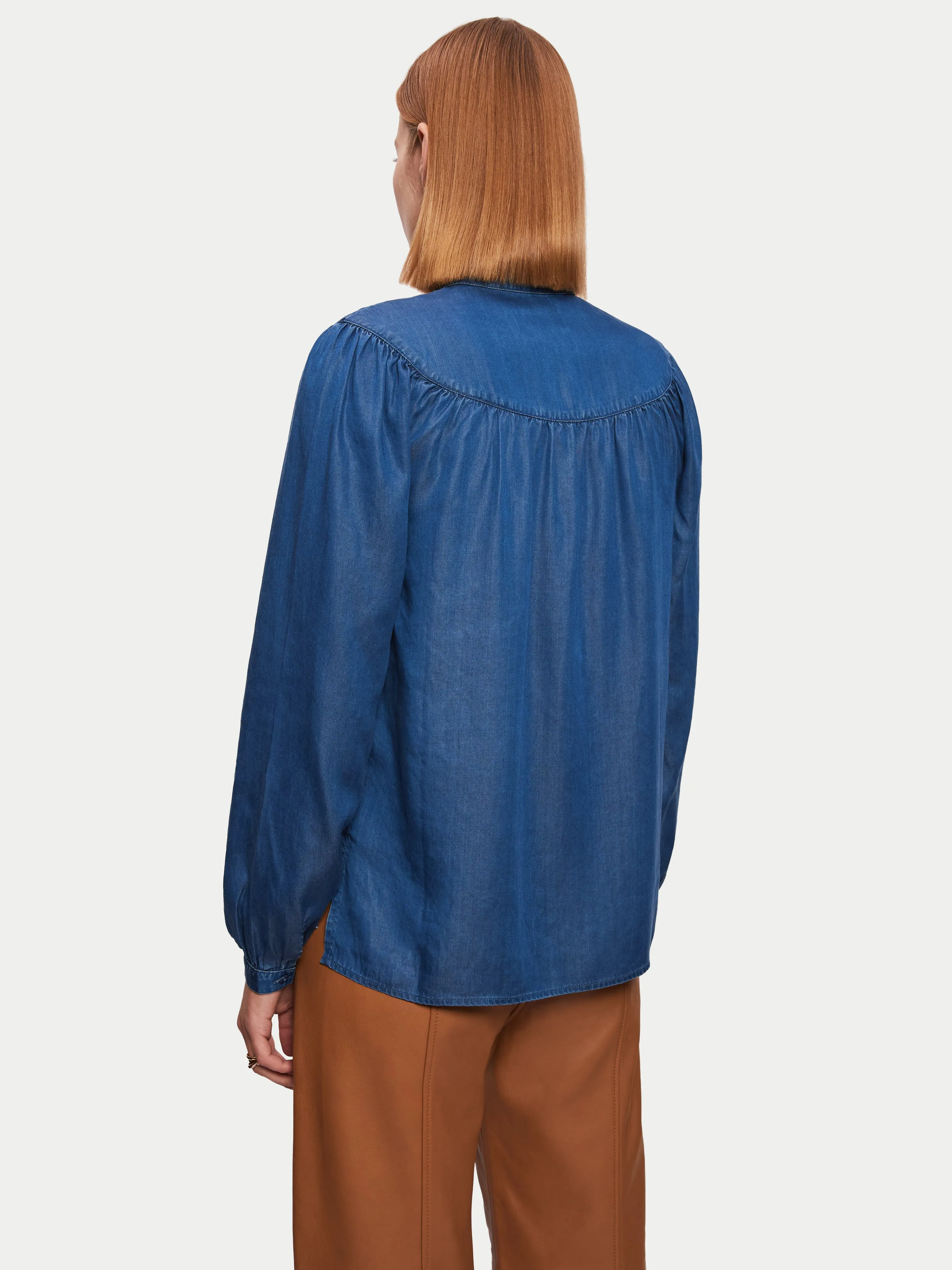 Chambray Ruffle Neck Top | Blue