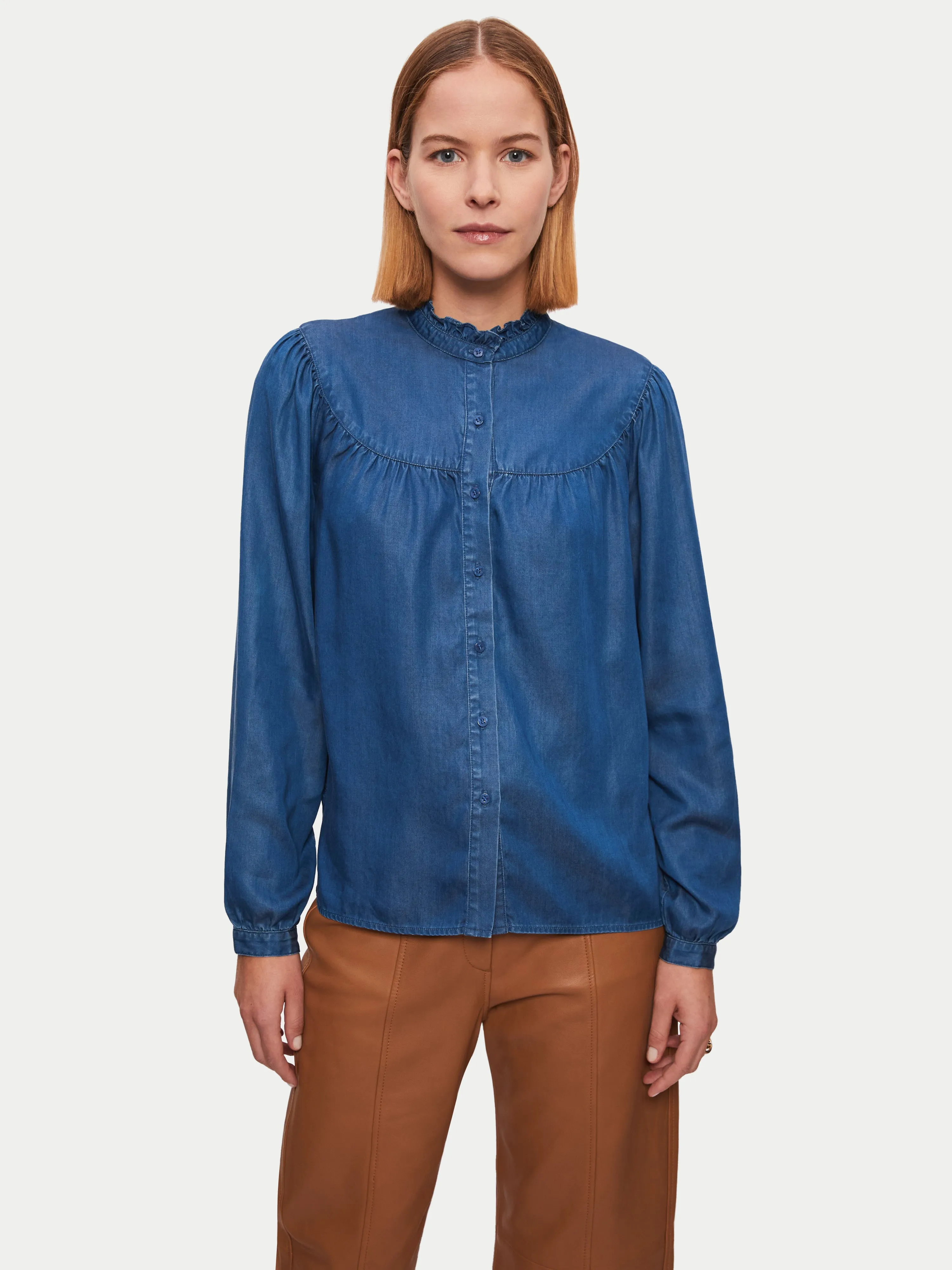 Chambray Ruffle Neck Top | Blue