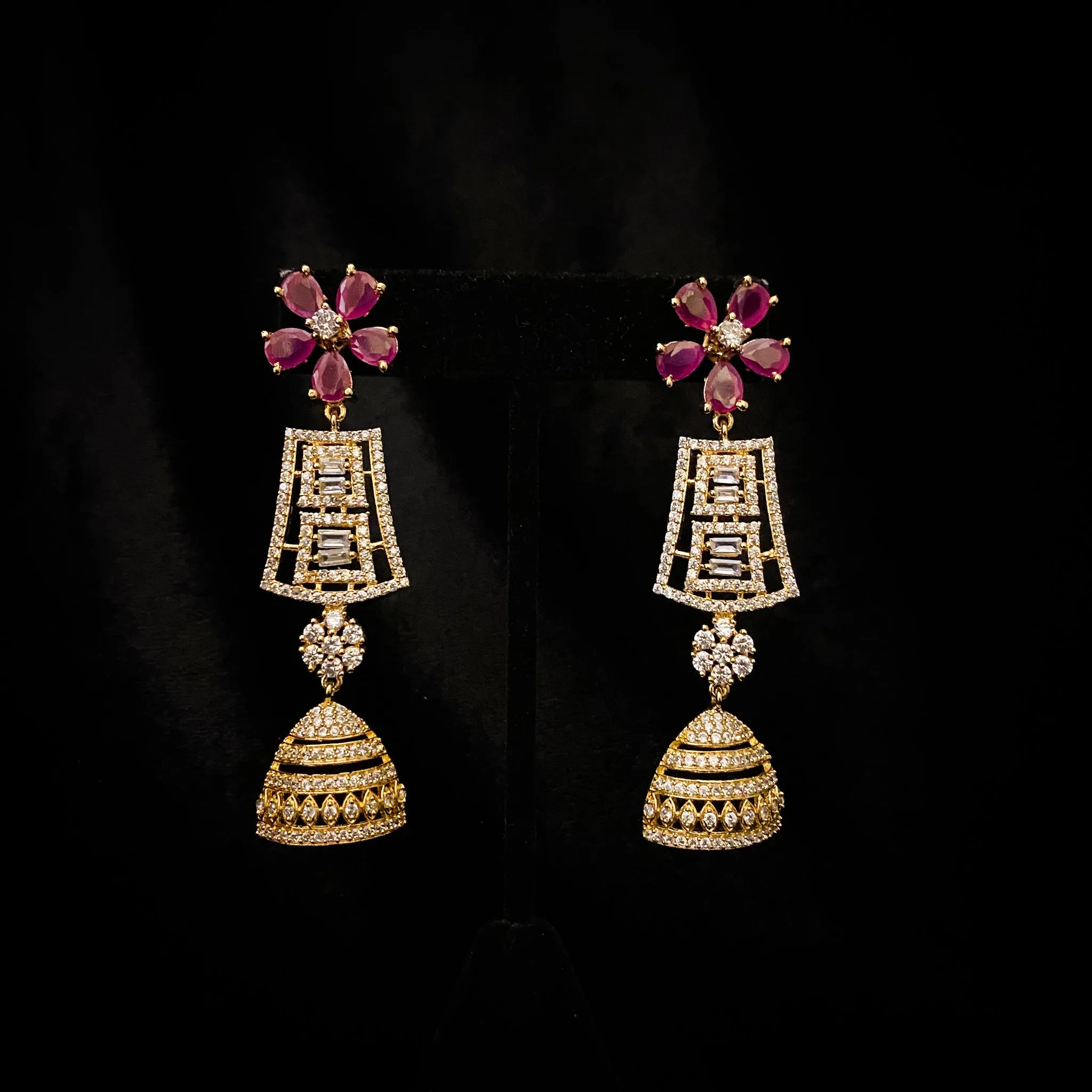 Charming Intricate Ruby Red Floral and White Zircon (CZ) stone earring