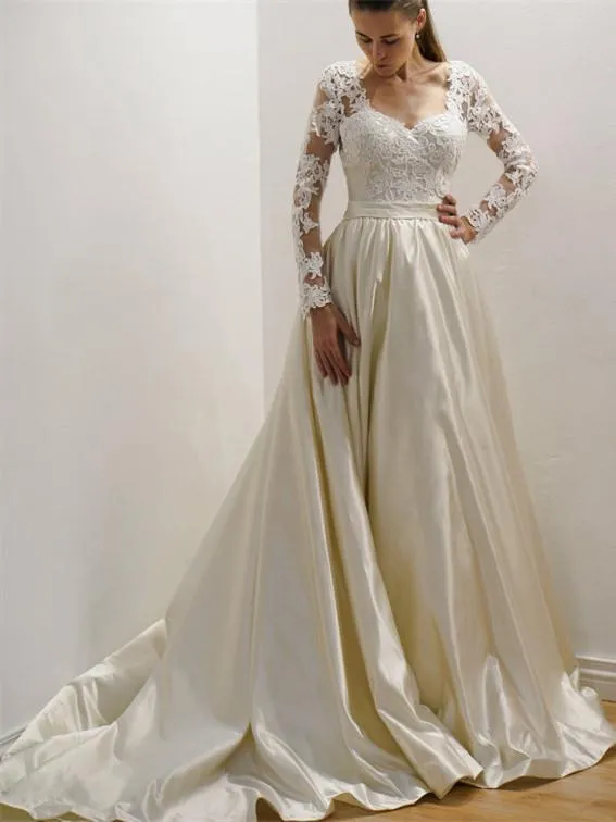 Charming Satin V-neck Neckline A-line Wedding Dresses With Appliques WD035