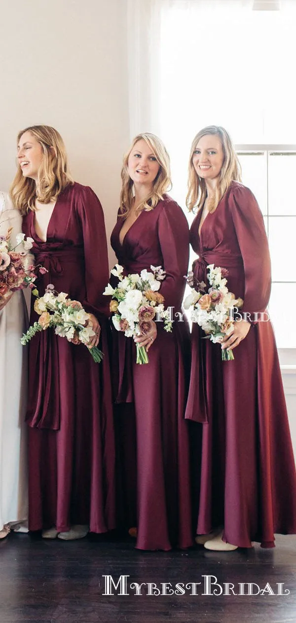 Charming Sexy V-neck Long Sleeves Elastic Silk Long Cheap Wedding Party Bridesmaid Dresses, BDS0001