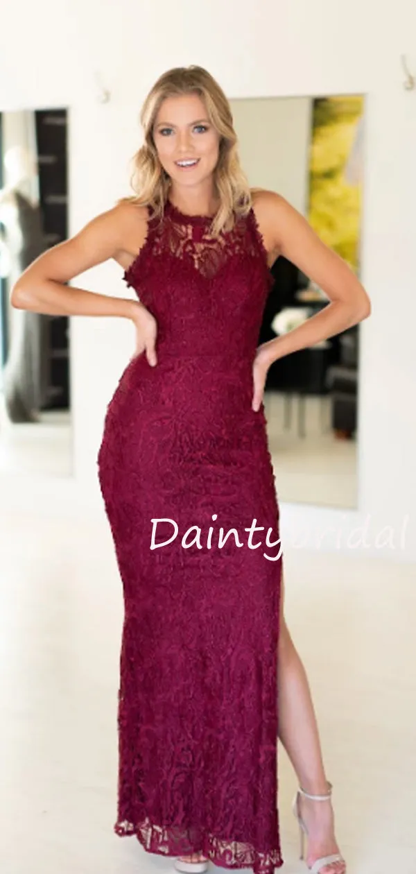 Charming Sleeveless Side Slit Lace Long Prom Dresses Evening Dresses.DB10506