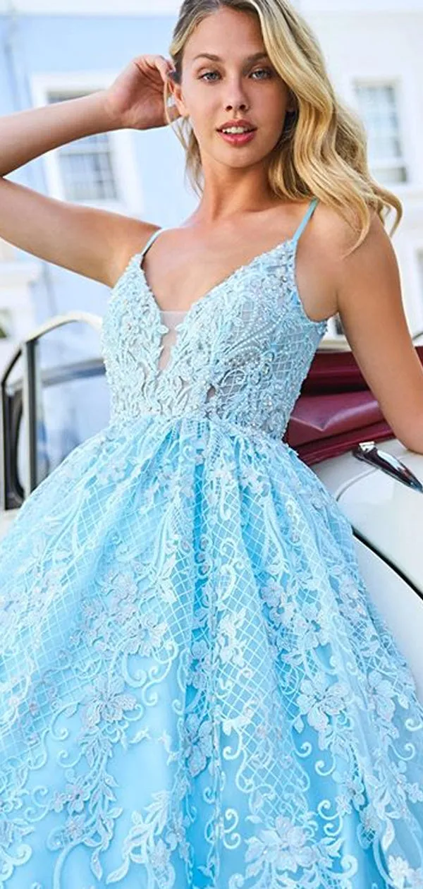 Charming Spaghetti Strap V-neck Tulle Lace A-line Long Prom Dresses Evening Dresses.DB10615