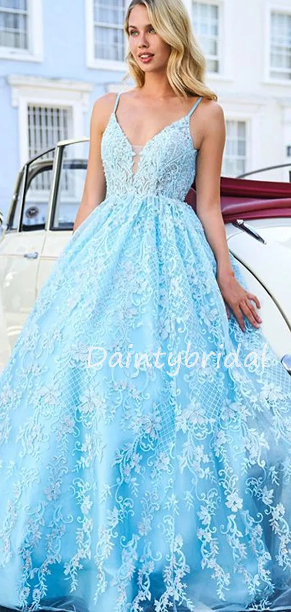 Charming Spaghetti Strap V-neck Tulle Lace A-line Long Prom Dresses Evening Dresses.DB10615