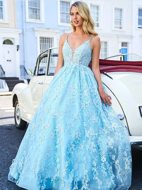 Charming Spaghetti Strap V-neck Tulle Lace A-line Long Prom Dresses Evening Dresses.DB10615