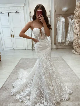 Charming Spaghetti Straps Mermaid Wedding Dresses Lace Appliqued Gowns WD611